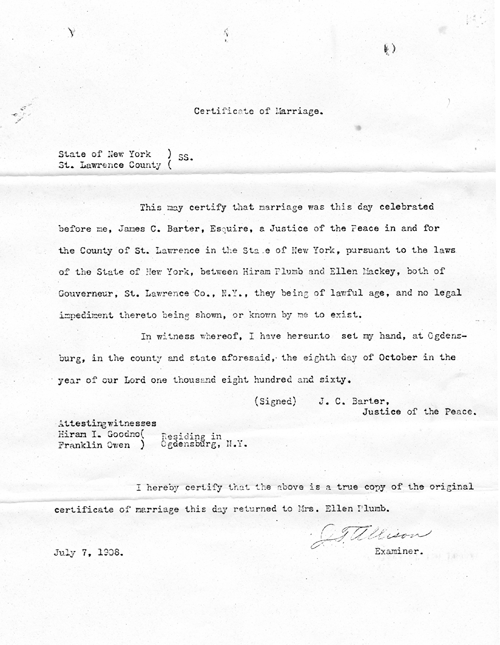 Hiram Plumb and Ellen Mackey Marriage Certificate
